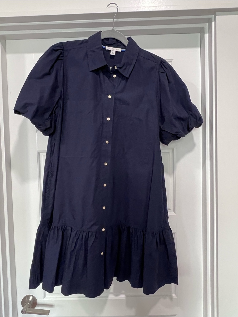 Free Assembly Navy Button-Front Collared Shirt Dress with Puff Sleeves
